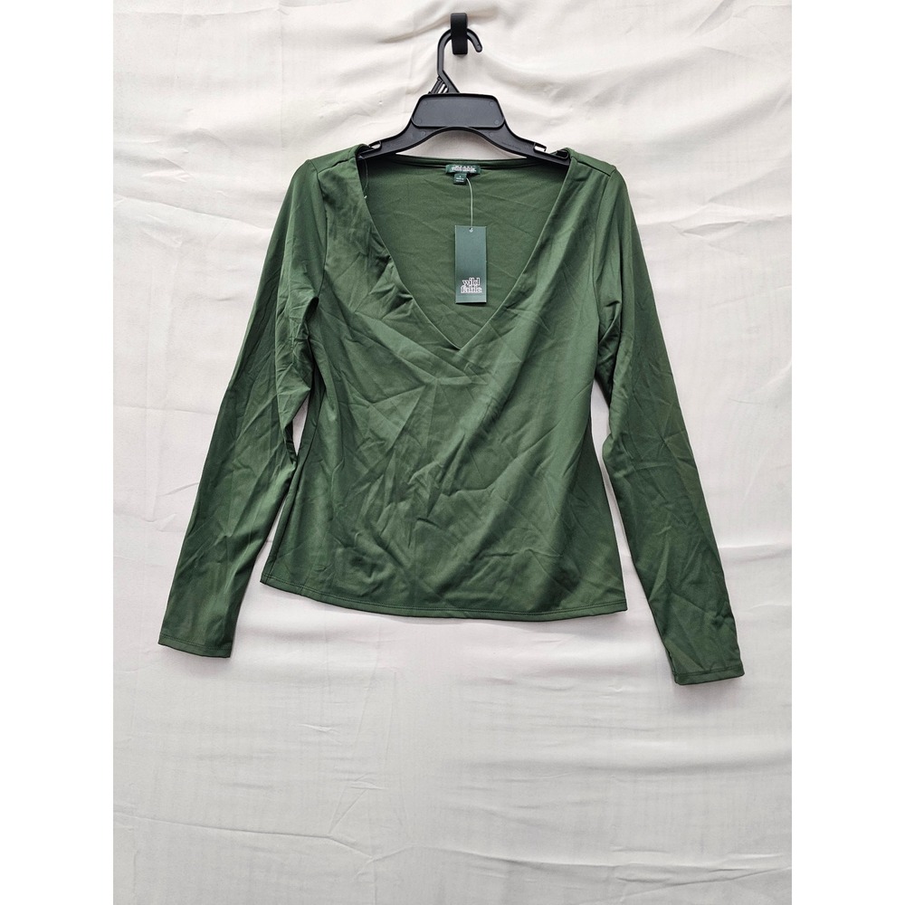 Wild Fable Womens V-Neck Long Sleeve Top Dark Green Nylon Blend Size Large